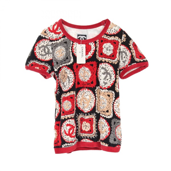 CHANEL シャネル　Tシャツ トップス　美品　白　赤　チェッカーボード シャネル(CHANEL)シャネル スポーツライン ココマーク ベロア