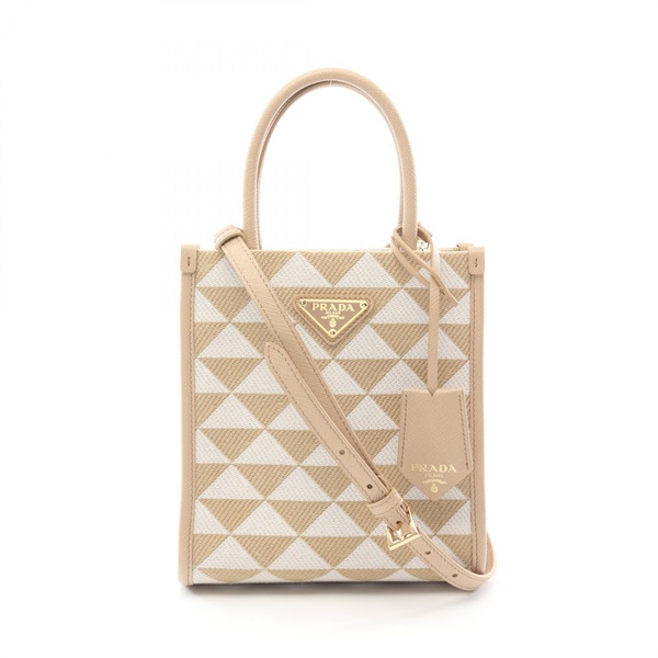 GW半額☆PRADA トップハンドルバッグ ベージュ✖️ホワイト 三角ロゴ プラダ(PRADA)プラダ TRIANGOLO JACQUARD シンボル エンブロイダリー