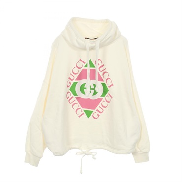 GUCCI - 美品☆GUCCI グッチ 717417 コットン100％ GGロゴプリント オーバーサイズ クロップド丈 パーカー ホワイト S イタリア製 正規品 レディース グッチ(GUCCI)グッチ GGロゴプリントオーバーサイズ クロップド