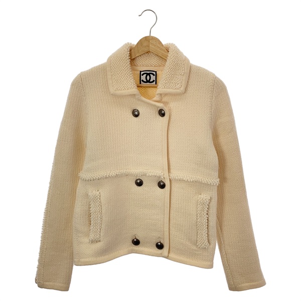 CHANEL ウール ココマークボタン ダブルライダース ニットジャケット 38 CHANEL ウール ココマークボタン ダブルライダース ニットジャケット