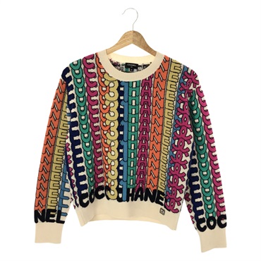 シャネル・ネイビー5部袖 綿ニットカットソー・美品 シャネル ココマーク コットン×ナイロン 半袖ニット 38