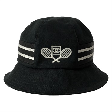 CHANEL ビーズ刺繍 ブラックバケットハット シャネル ハット ブラックグレー ピンク コットン100％ Mサイズ