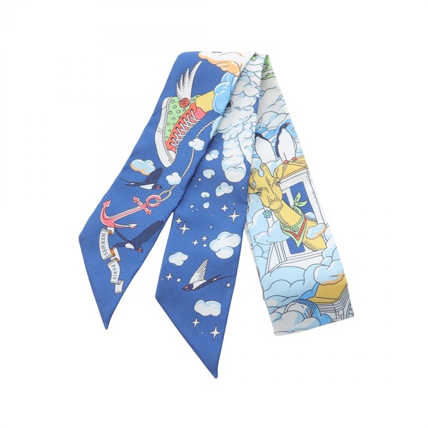 HERMES エルメス ツイリー スカーフ ブルー シルク 魚　熱帯魚 HERMES エルメス ツイリー スカーフ ブルー シルク 魚 熱帯魚