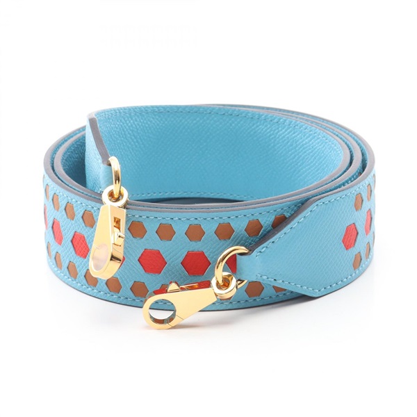 エルメス バンドリエール トレサージュ ドゥ キュイール エグザゴン ルーデュノール ルージュドゥクール ゴールド  ショルダーストラップ アクセサリー レディース