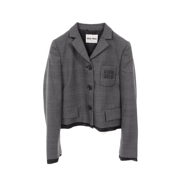 美品ꕥミュウミュウ シルク混 テーラードジャケット ブラック 総柄 レディース ミュウ ミュウ(Miu Miu)ミュウ ミュウ プリンスオブウェールズ