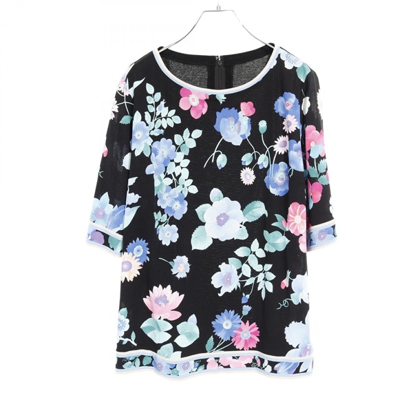 LEONARD FASHION　レオナールファッション　花柄ノーカラ―コート　ホワイト×ブラック　〇A214 レオナール 中古・古着通販LEONARD FASHION (レオナールファッション) 総