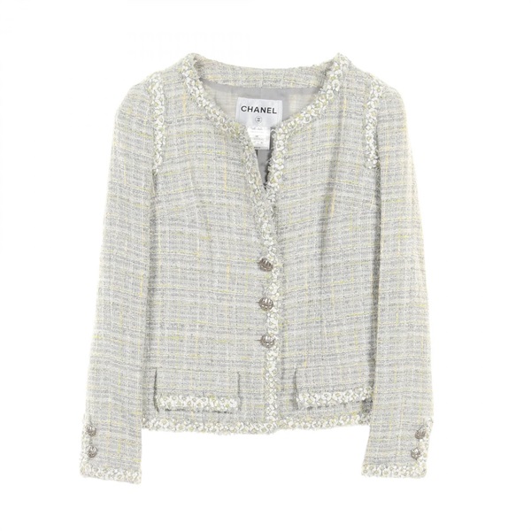 もぐCHANEL ノーカラージャケット 34 グレー ツイードジャケット シャネル(CHANEL)シャネル ツイード ノーカラージャケット 衣料品