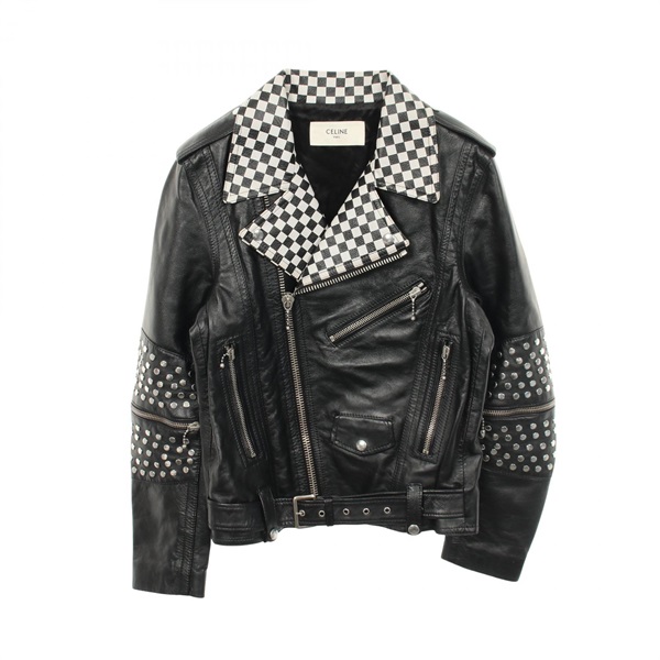 セリーヌ ブロックチェック スタッズ ライダースジャケット 衣料品 アウター メンズ 2E350599E