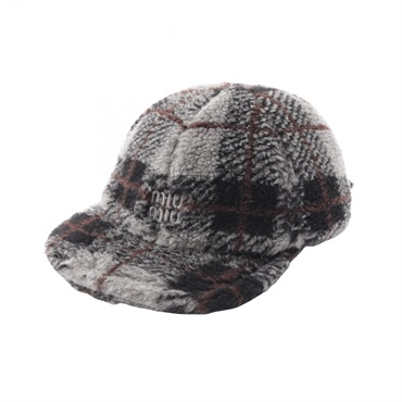 ミュウ ミュウ チェック柄 ロゴ刺繍 ボア キャップ 帽子 レディース
