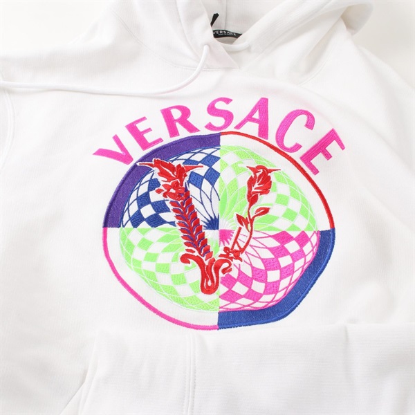 美品☆VERSACE ヴェルサーチ 2021年製 1002804 コットン ロゴデザイン 長袖 パーカー ホワイト 36 イタリア製 正規品 レディース 美品☆VERSACE ヴェルサーチ 2021年製 1002804 コットン ロゴデザイン