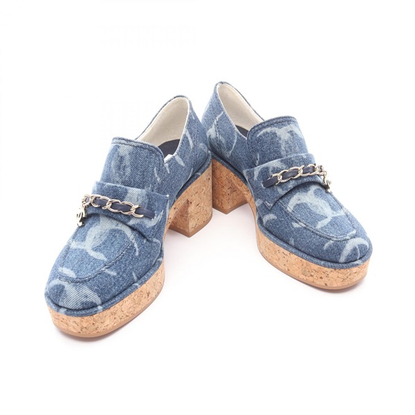 シャネル❤デニム シューズ 38.5 24.5 シャネル(CHANEL)シャネル ココマーク デニム 厚底 ローファー 靴